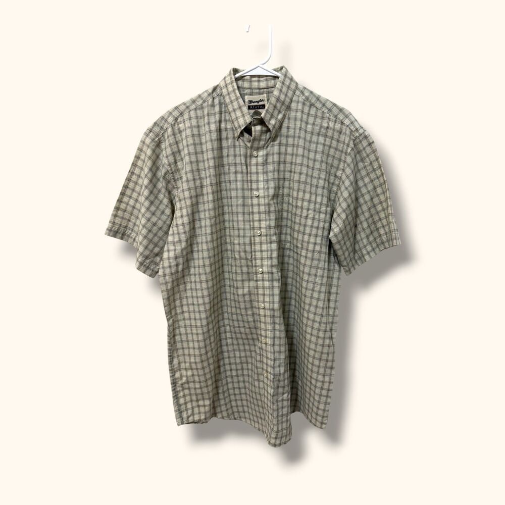 Wrangler Shirt Mens LT Short Sleeve Button Down Plaid Riata Beige Tan Classic